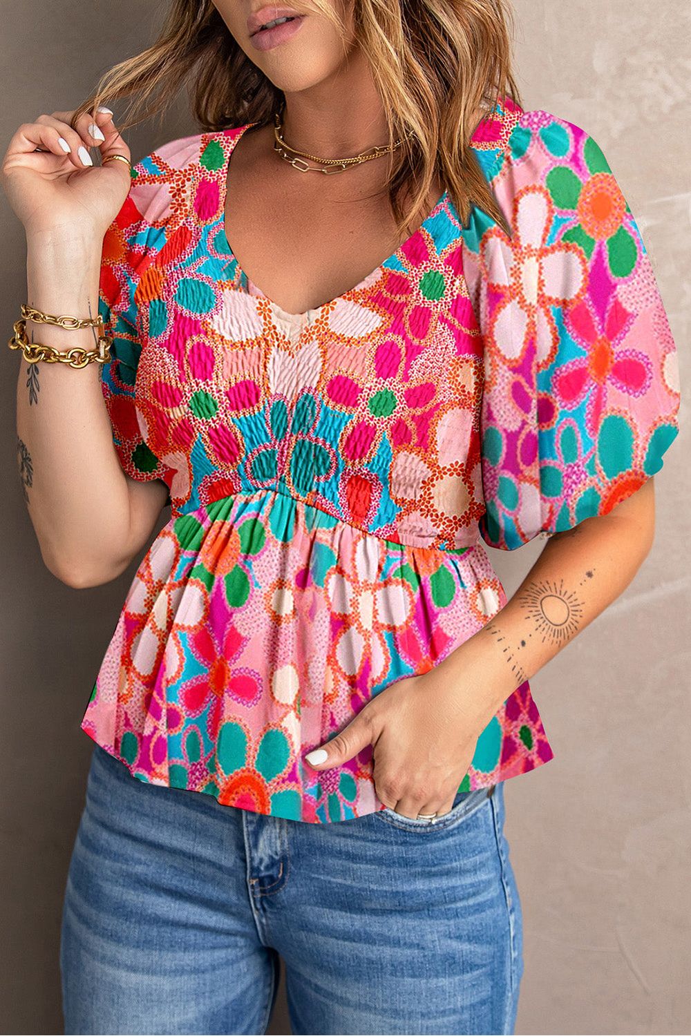 Women Printed V-Neck Babydoll Blouse