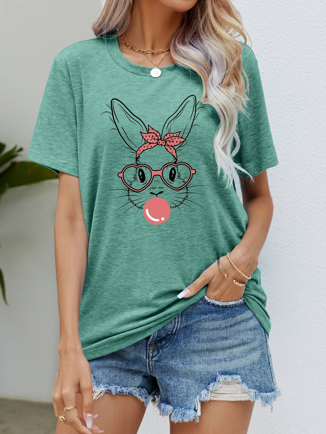 Women Easter Bunny Graphic Round Neck T-Shirt nicholesgifts
