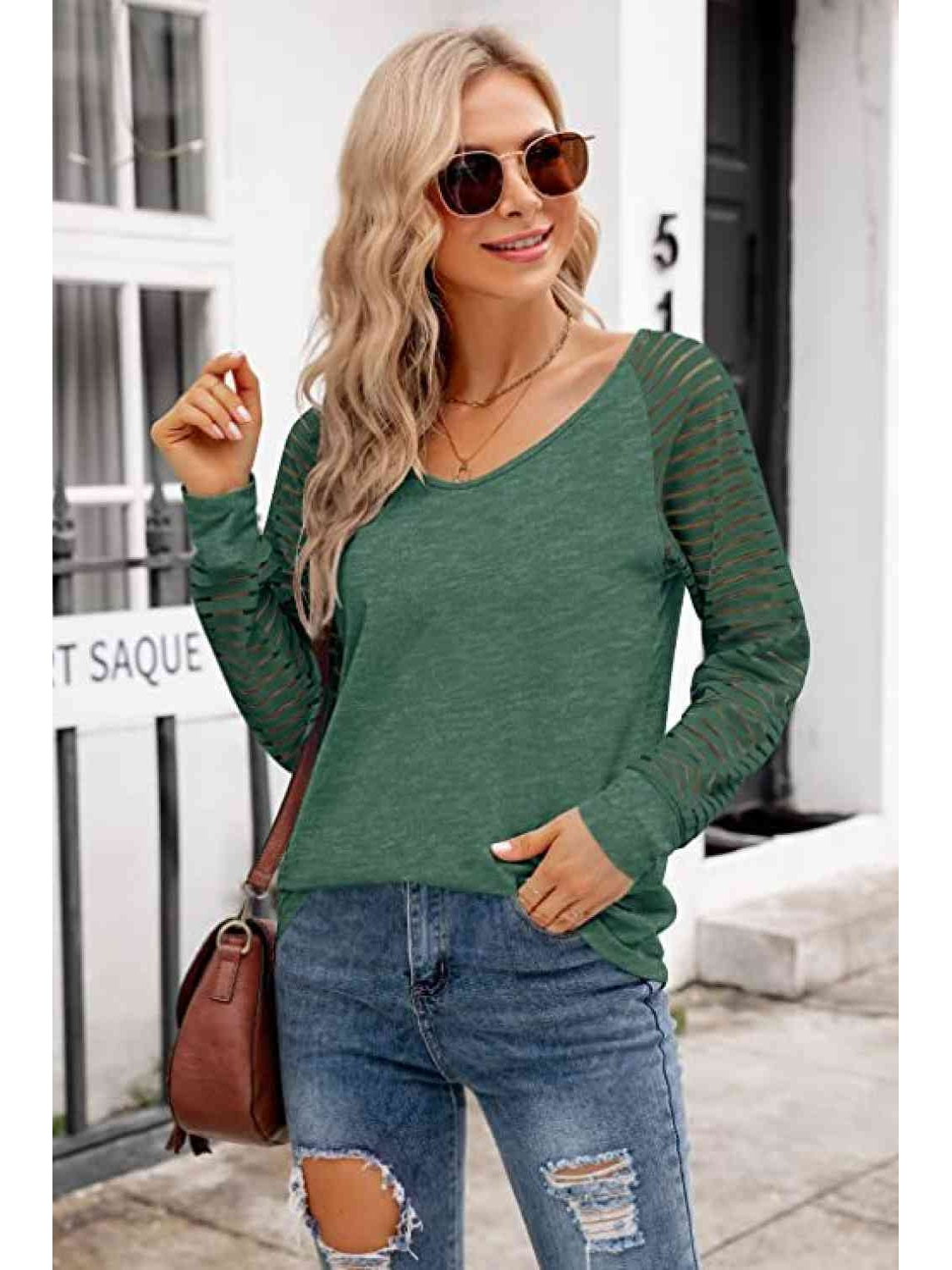 Women V-Neck Long Raglan Sleeve Top nicholesgifts