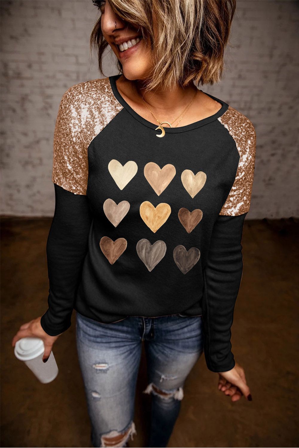 Women Contrast Sequin Heart Graphic Raglan Sleeve Top nicholesgifts