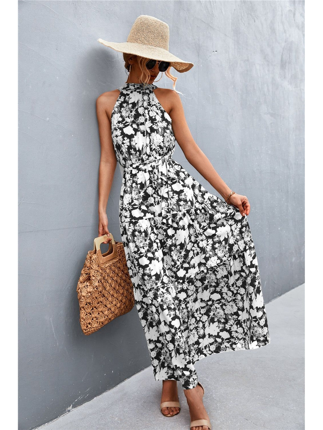 Women Printed Sleeveless Tie Waist Maxi Dress nicholesgifts