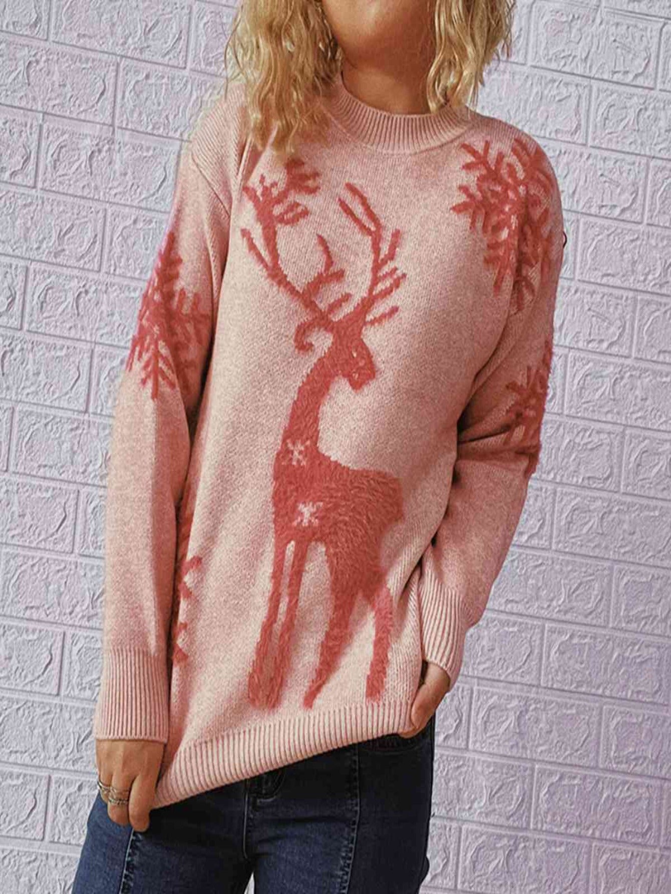 Women Reindeer and Snowflake Pattern Christmas Sweater