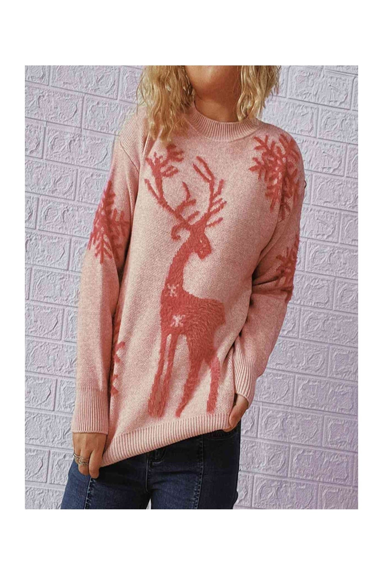 Women Reindeer and Snowflake Pattern Christmas Sweater nicholesgifts