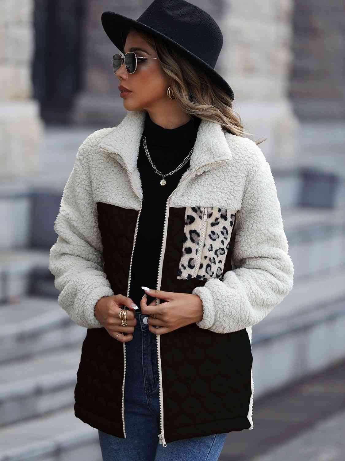 Women Leopard Color Block Zip-Up Jacket nicholesgifts