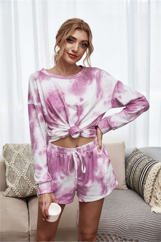 Women Tie-Dye Dropped Shoulder Top and Shorts Lounge Set nicholesgifts