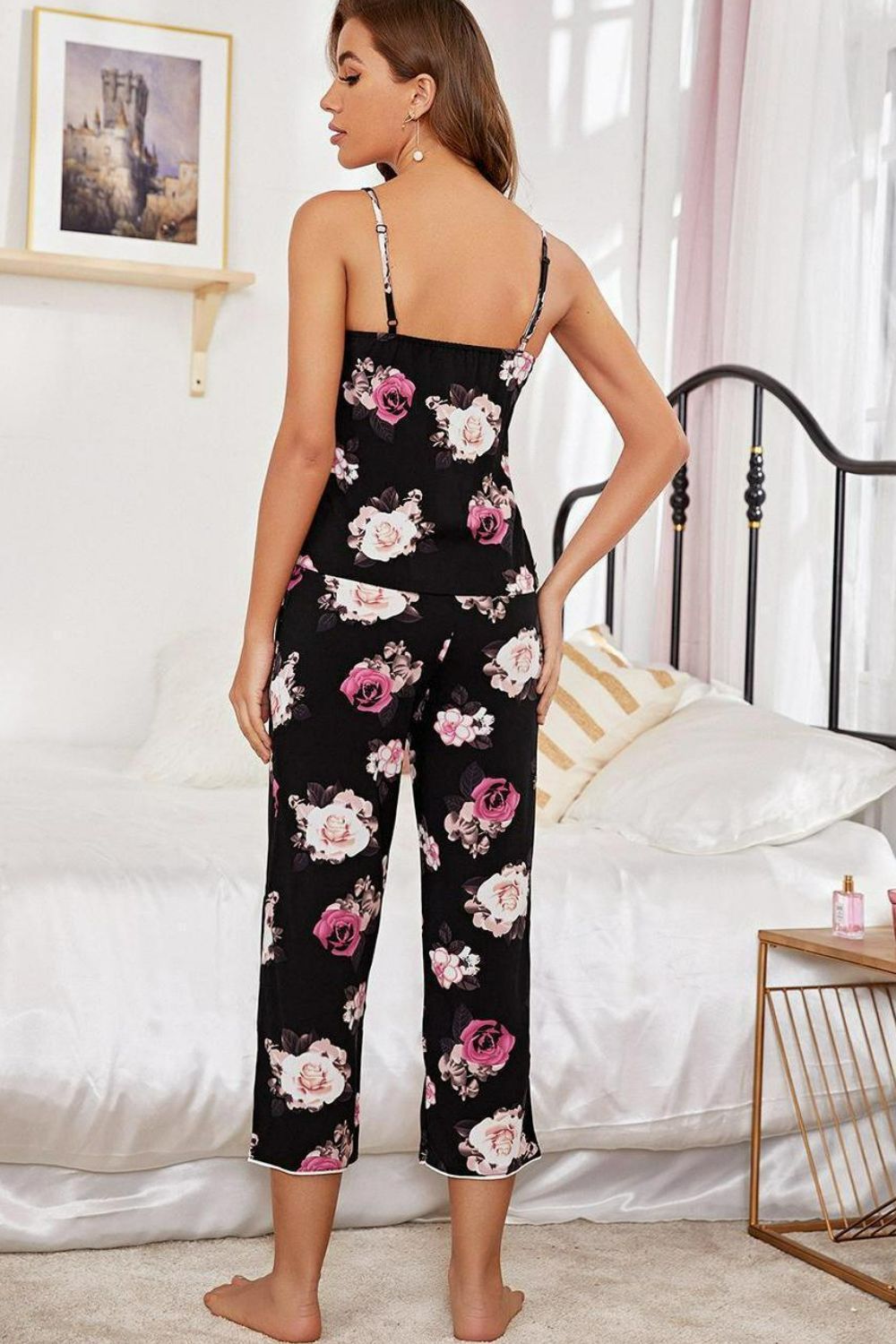 Women Floral V-Neck Cami and Cropped Pants Lounge Set nicholesgifts