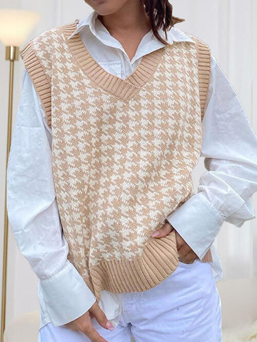 Women Houndstooth V-Neck Sweater Vest nicholesgifts