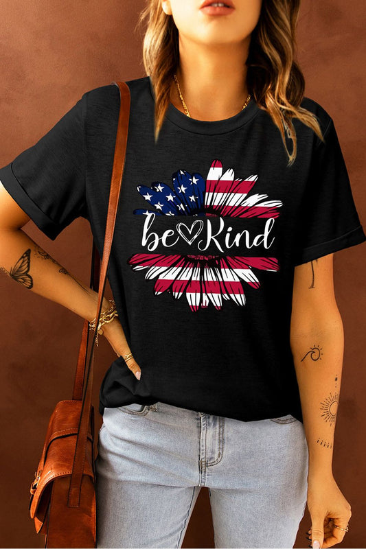 Women BE KIND US Flag Graphic Round Neck Tee