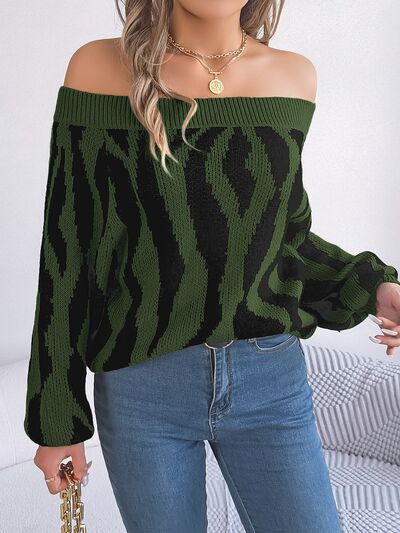 Women Off-Shoulder Animal Print Long Sleeve Sweater nicholesgifts