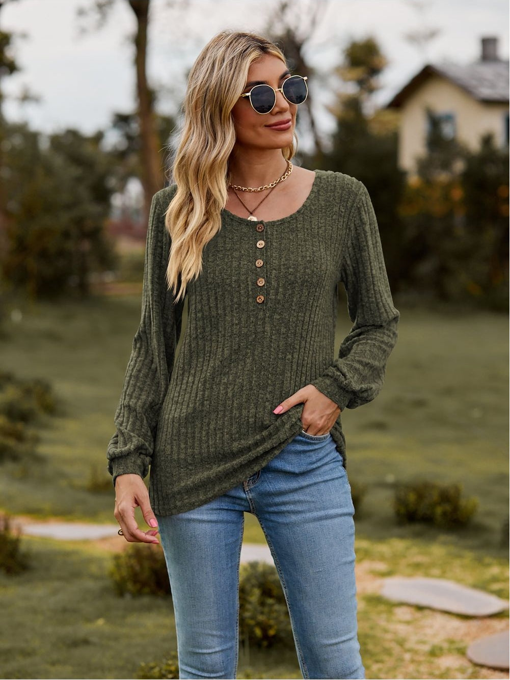 Women Round Neck Button-Down Long Sleeve Tee nicholesgifts