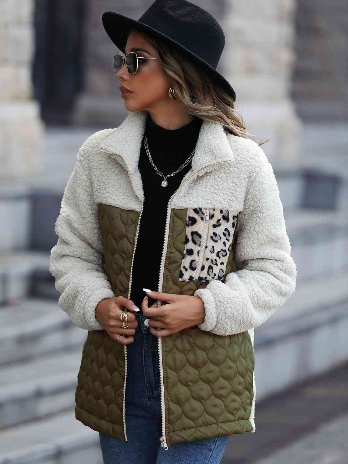 Women Leopard Color Block Zip-Up Jacket nicholesgifts