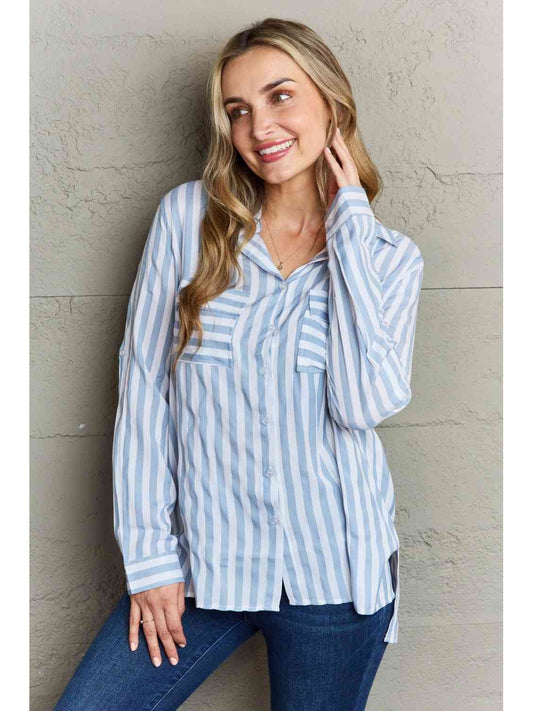 Women Take Your Time Collared Button Down Striped Shirt nicholesgifts