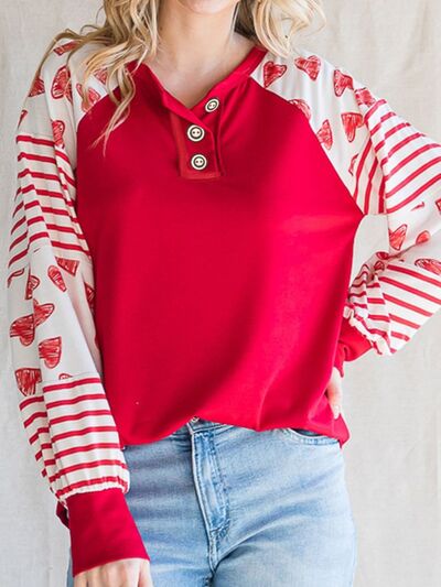 Women Heart Striped Quarter Button Long Sleeve Valentine's Day T-Shirt nicholesgifts