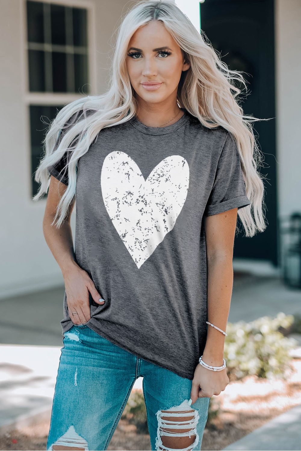 Women Heart Graphic Cuffed Short Sleeve Tee Shirt