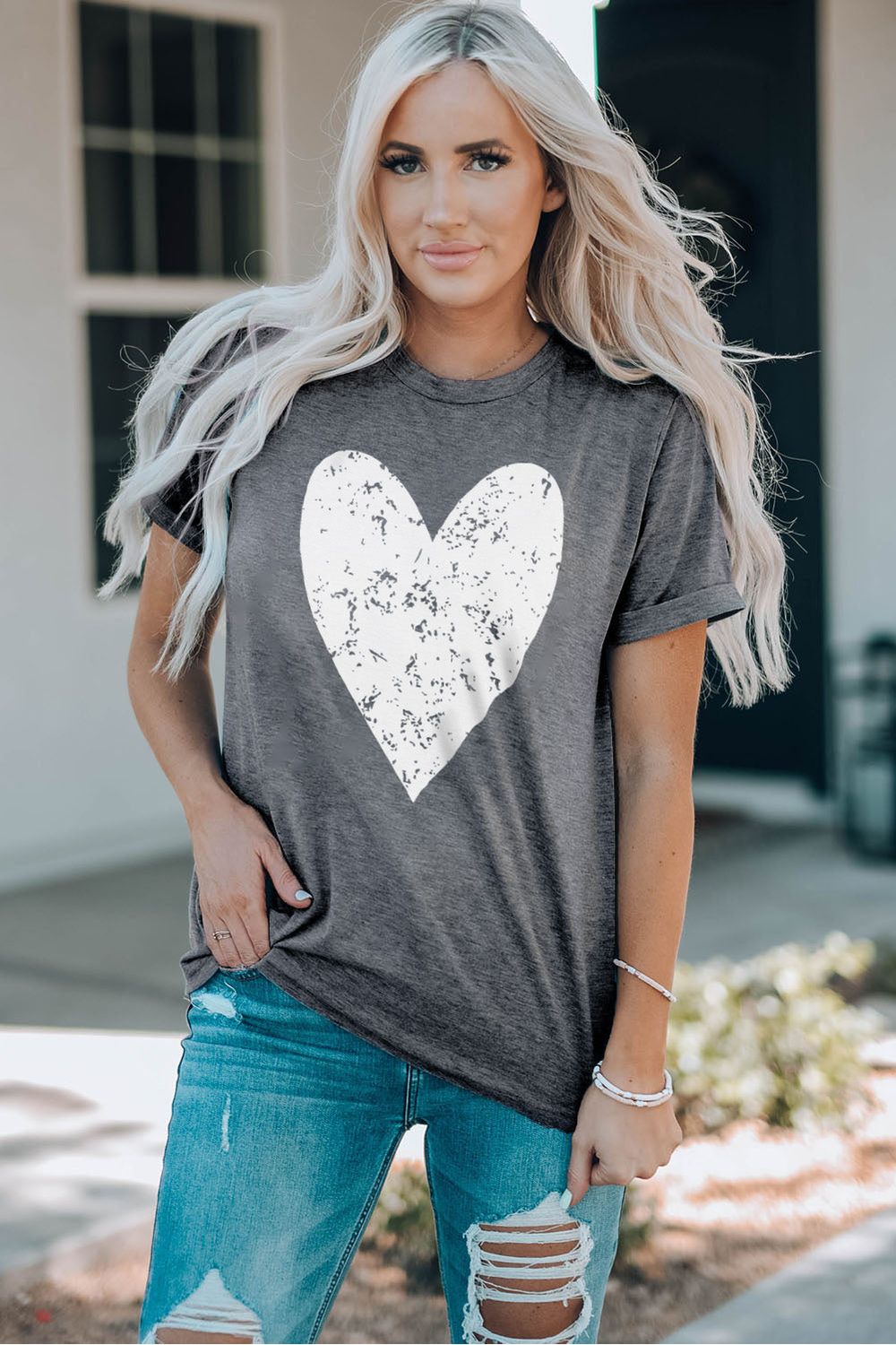 Women Heart Graphic Cuffed Short Sleeve Tee Shirt nicholesgifts