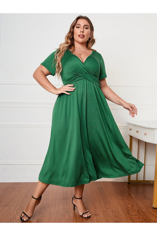 Plus Size Women Short Sleeve Surplice Neck Midi Dress nicholesgifts