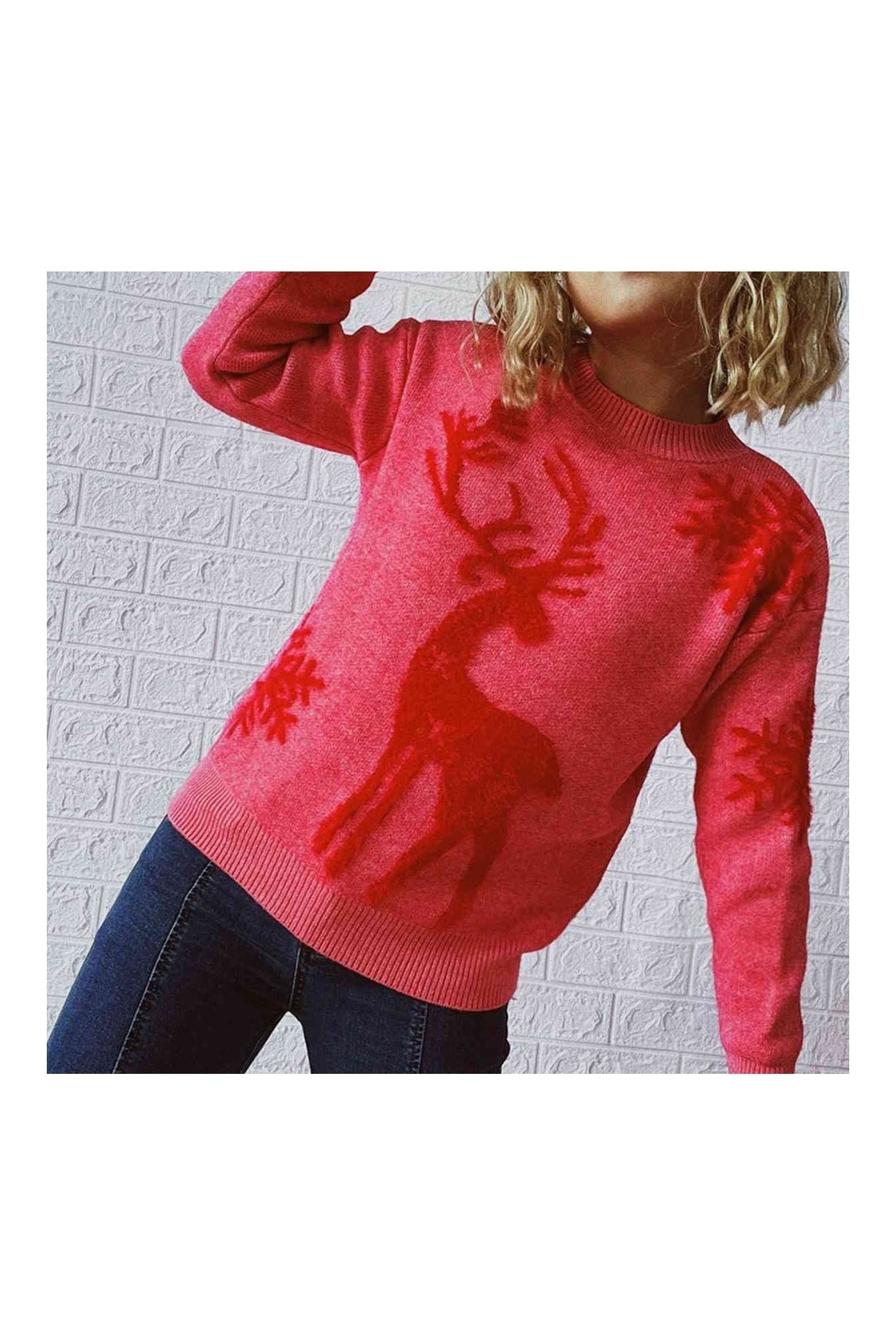 Women Reindeer and Snowflake Pattern Christmas Sweater nicholesgifts