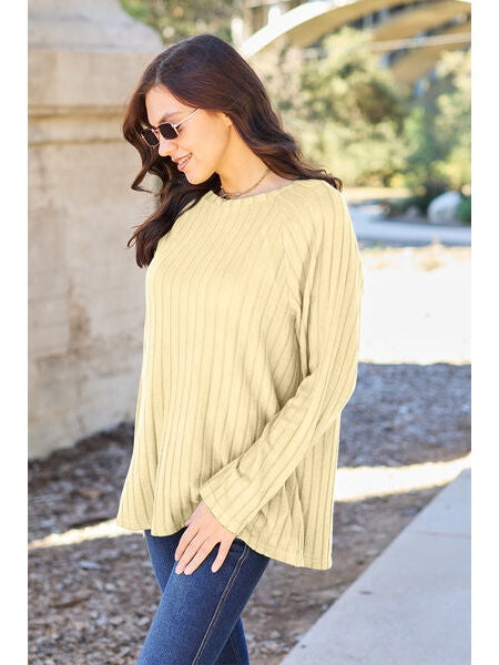 Women Basic Full Size Ribbed Round Neck Long Sleeve Knit Top nicholesgifts