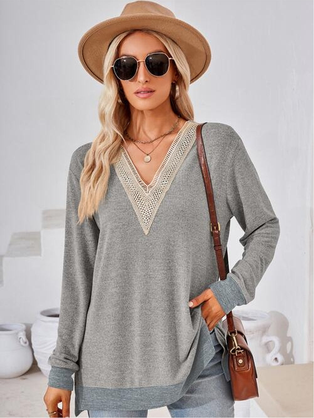 Women Crochet Contrast V-Neck Long Sleeve Slit T-Shirt nicholesgifts