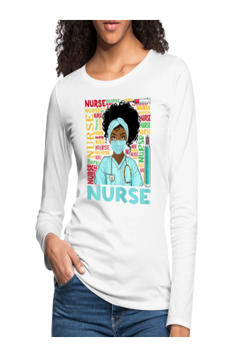 African American Women's Nurse Wearing A Face Mask Long Sleeve T-Shirt - white  - NicholesGifts.online