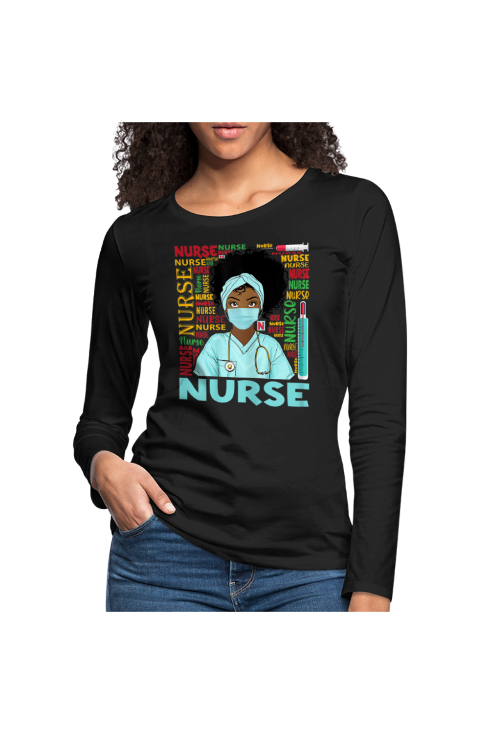 African American Women's Nurse Wearing A Face Mask Long Sleeve T-Shirt Plus Sizes Available - NicholesGifts.online