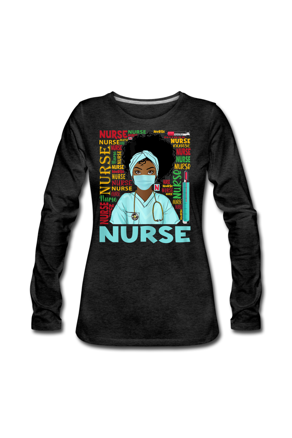 African American Women's Nurse Wearing A Face Mask Long Sleeve T-Shirt Plus Sizes Available - NicholesGifts.online