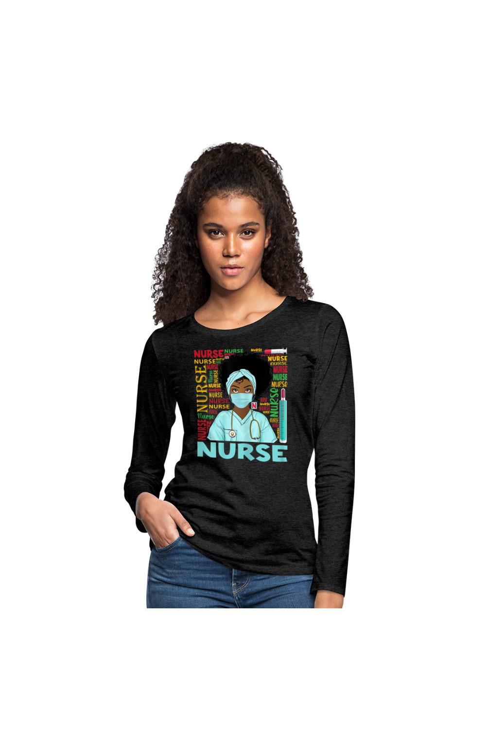 African American Women's Nurse Wearing A Face Mask Long Sleeve T-Shirt Plus Sizes Available - NicholesGifts