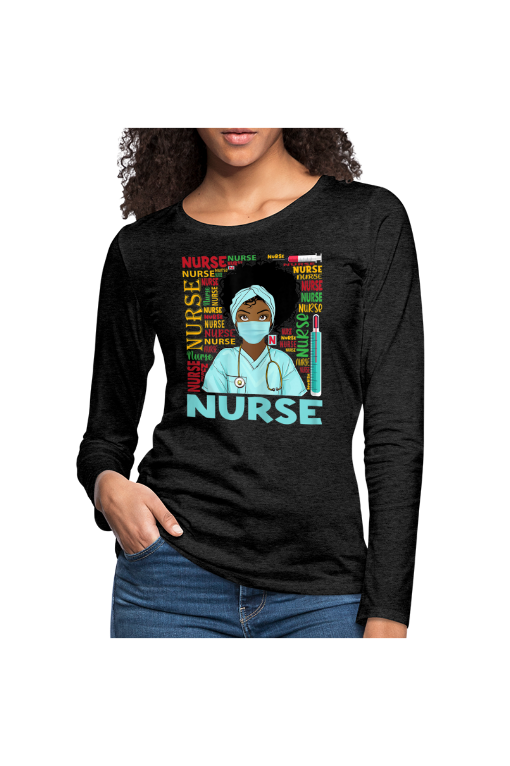 African American Women's Nurse Wearing A Face Mask Long Sleeve T-Shirt Plus Sizes Available - NicholesGifts