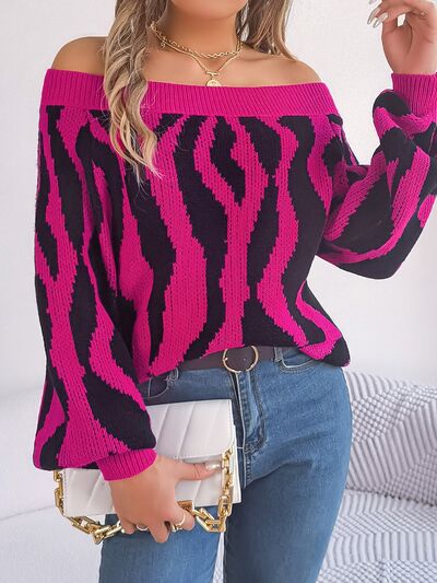 Women Off-Shoulder Animal Print Long Sleeve Sweater nicholesgifts