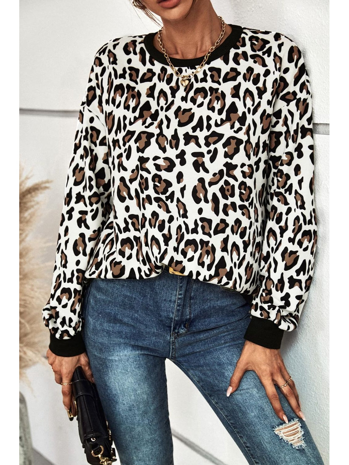 Women Leopard Round Neck Dropped Shoulder Sweatshirt nicholesgifts