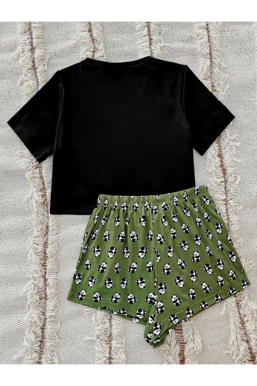 Women Graphic Tee and Panda Print Shorts Lounge Set nicholesgifts