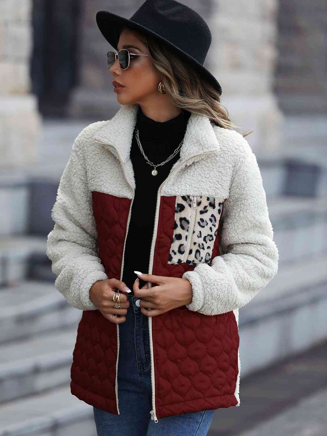 Women Leopard Color Block Zip-Up Jacket nicholesgifts