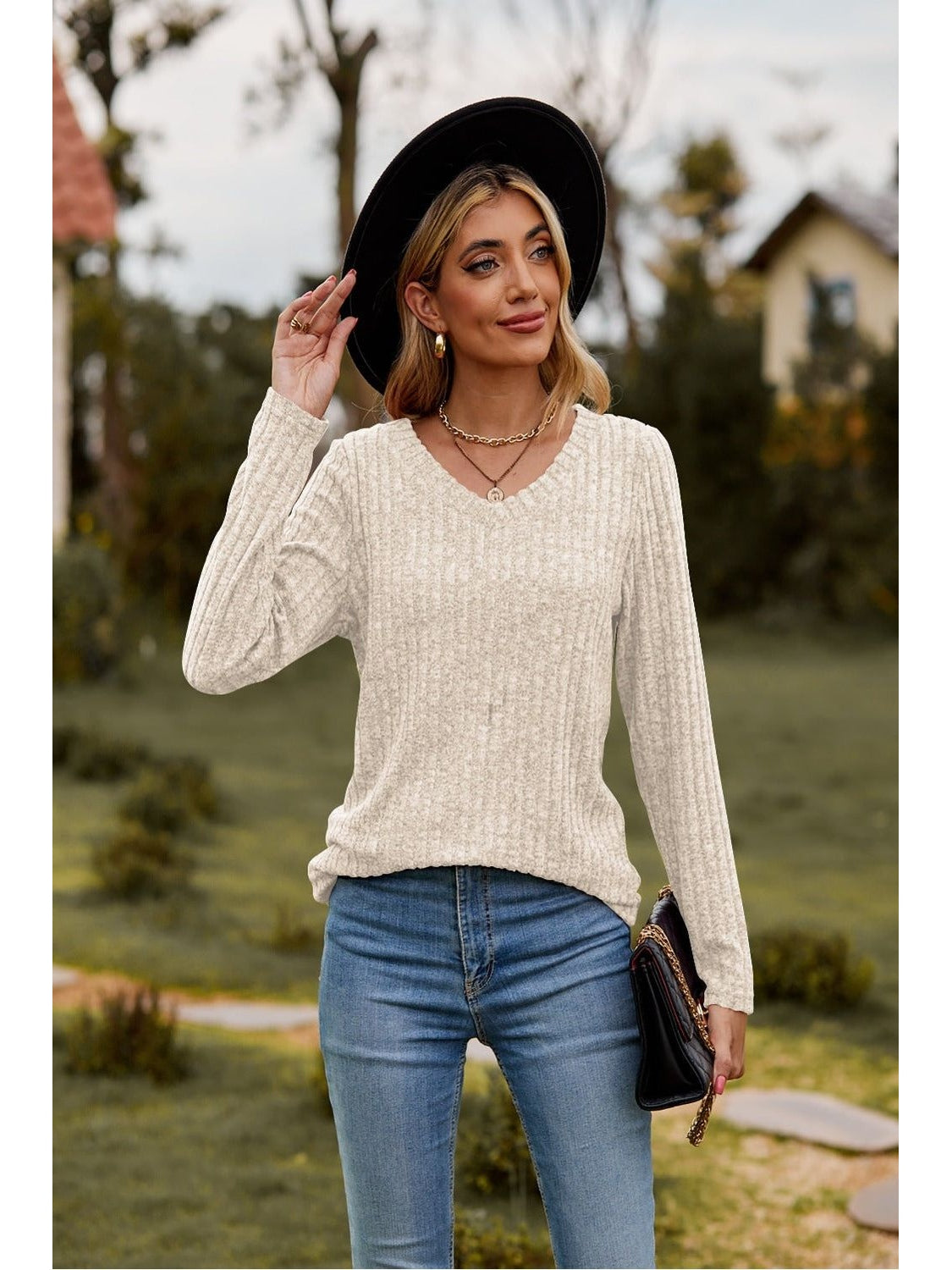 Women Ribbed V-Neck Long Sleeve Tee nicholesgifts