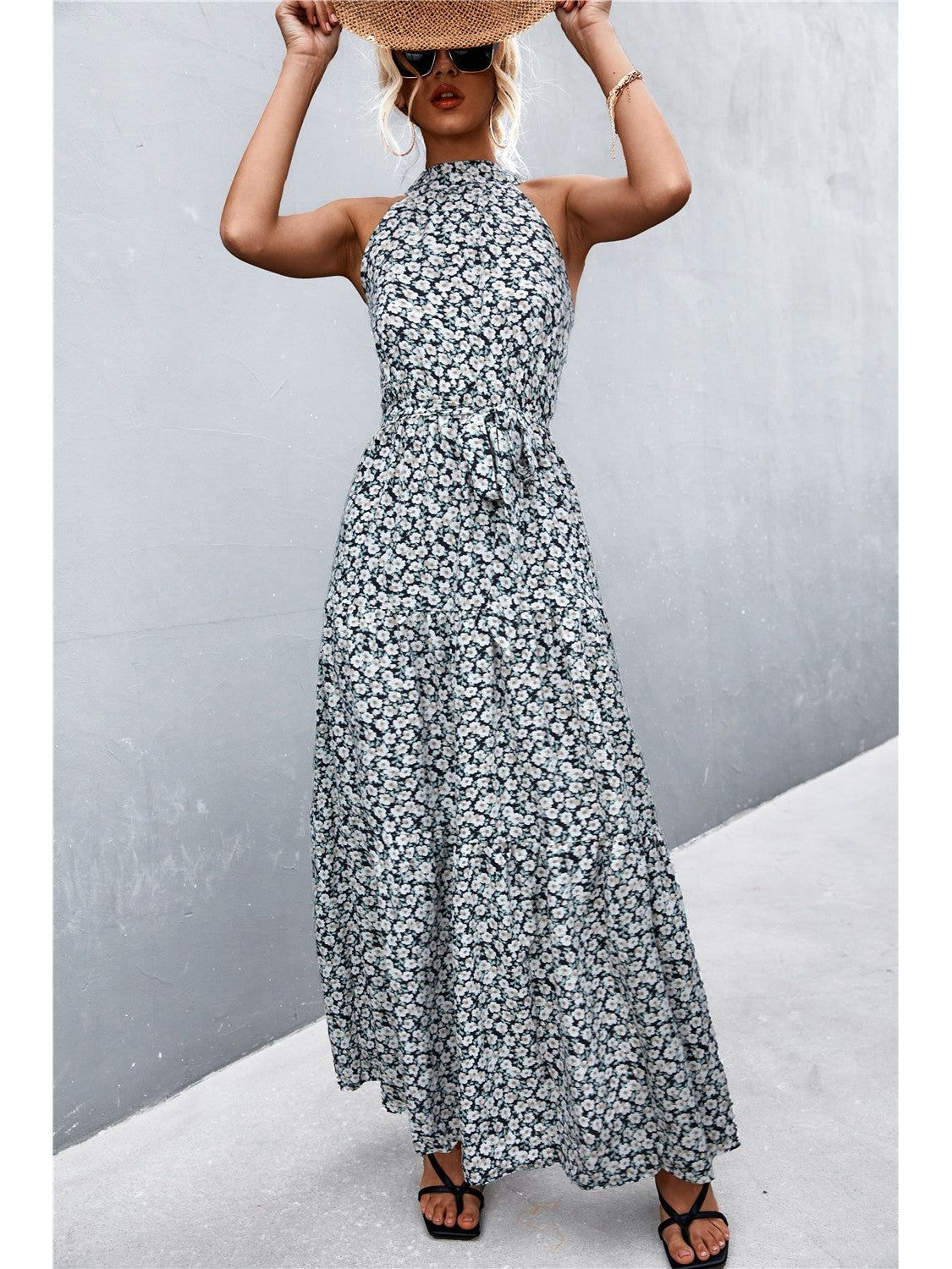 Women Printed Sleeveless Tie Waist Maxi Dress nicholesgifts