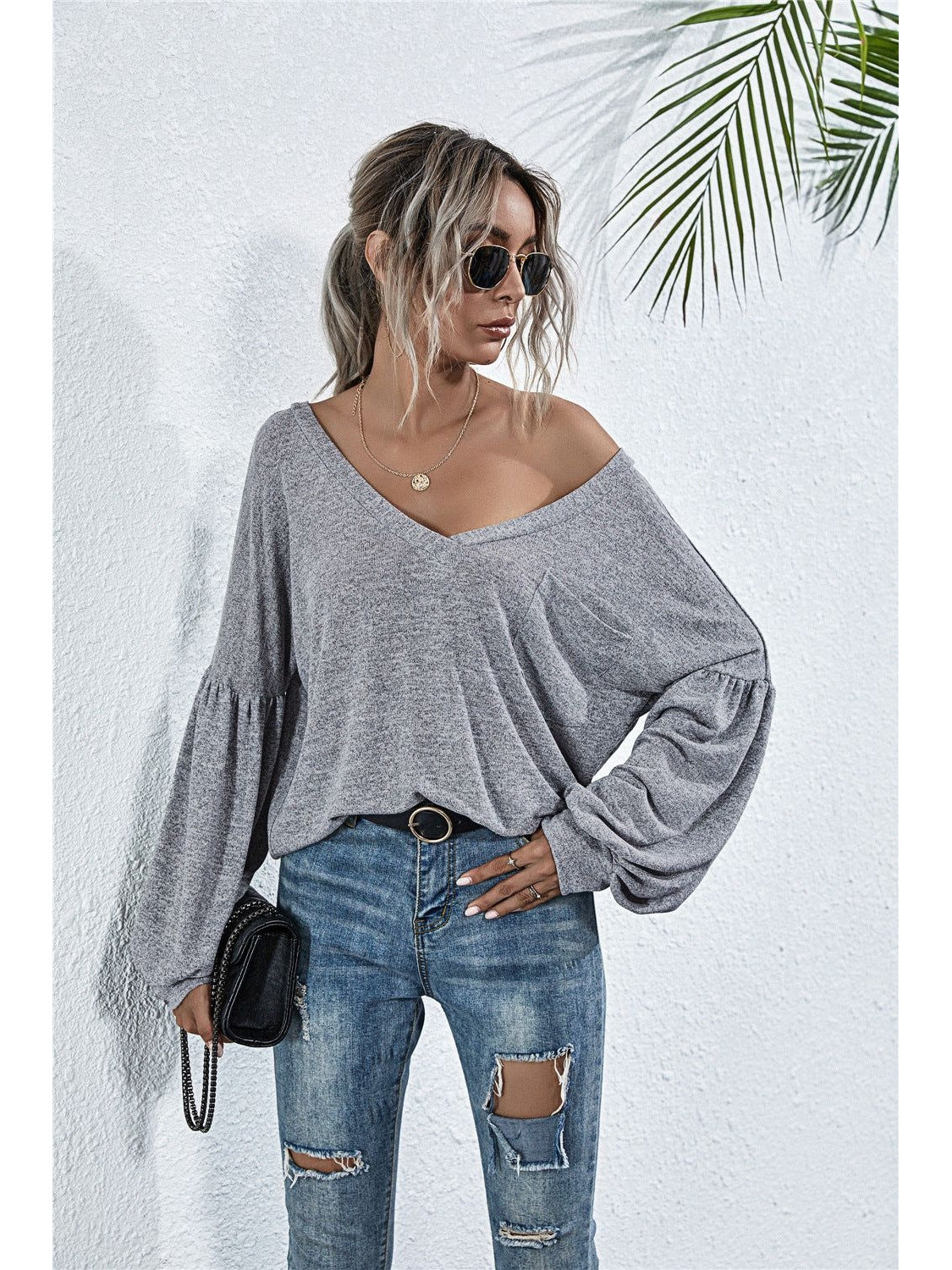 Women V-Neck Long Sleeve Dropped Shoulder Knit Top nicholesgifts