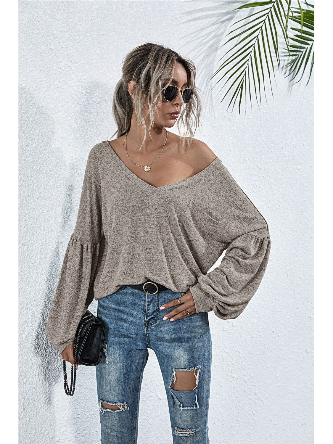 Women V-Neck Long Sleeve Dropped Shoulder Knit Top nicholesgifts