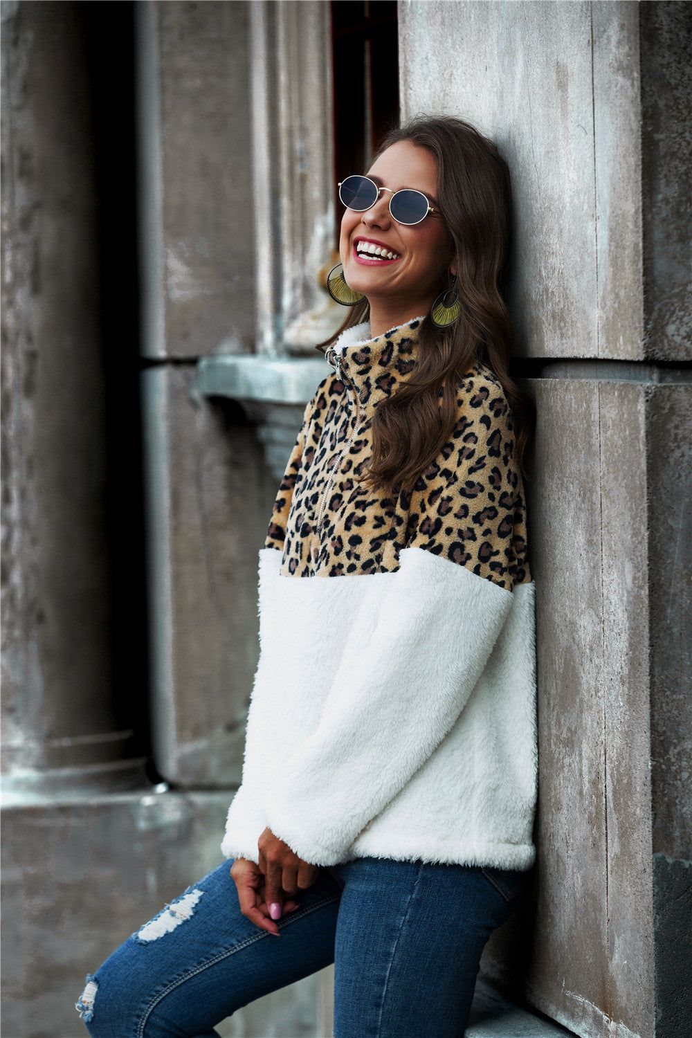 Women White Leopard Color Block Half-Zip Collar Teddy Long Sleeve Sweatshirt - NicholesGifts.online