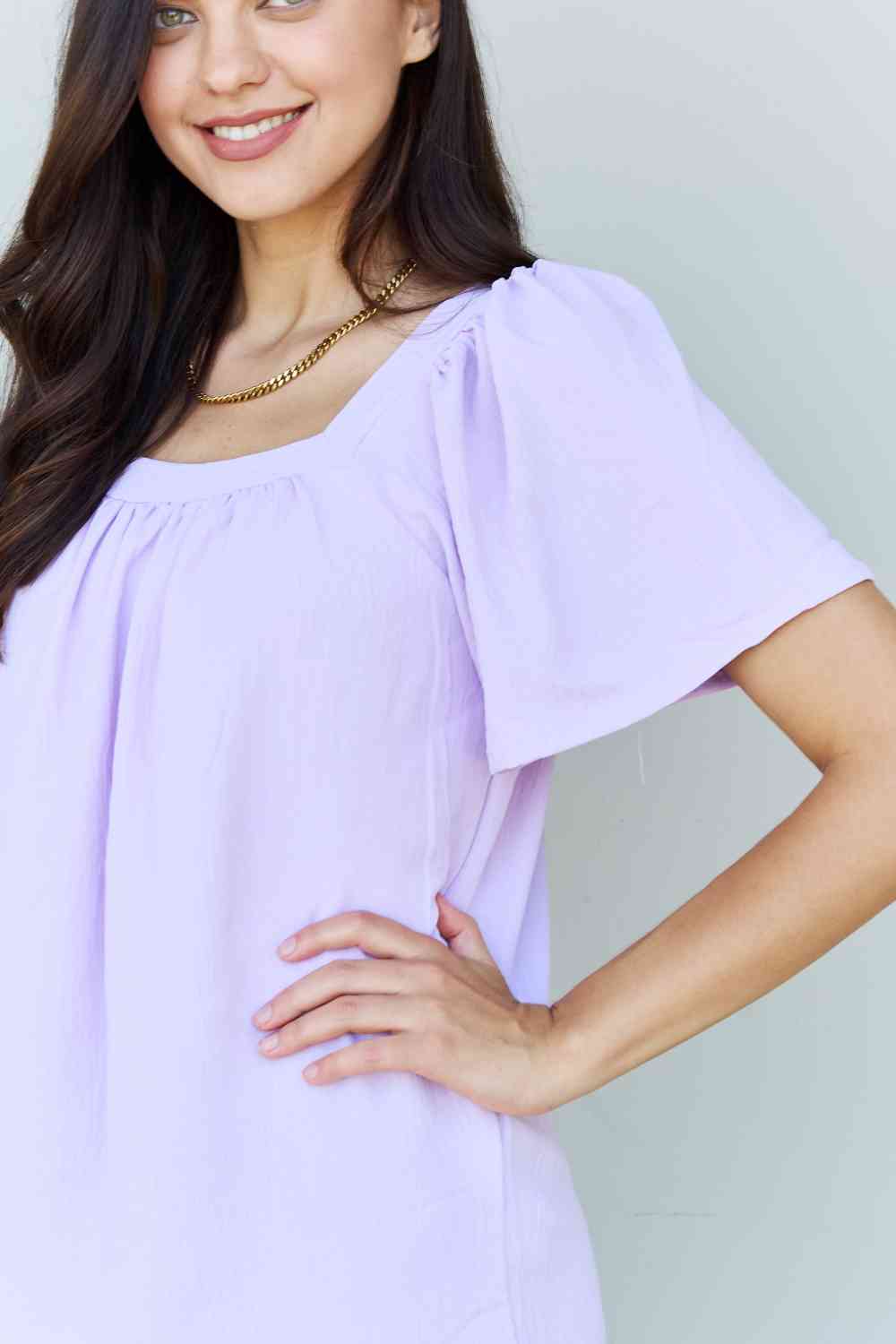 Women Keep Me Close Square Neck Short Sleeve Blouse in Lavender - Nicholesgifts.online