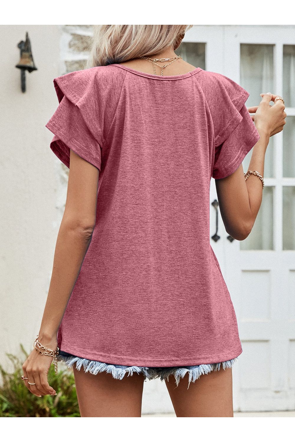 Women Layered Flutter Short Sleeve V-Neck Top nicholesgifts