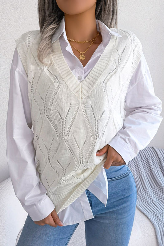 Women Openwork Ribbed Trim Sweater Vest