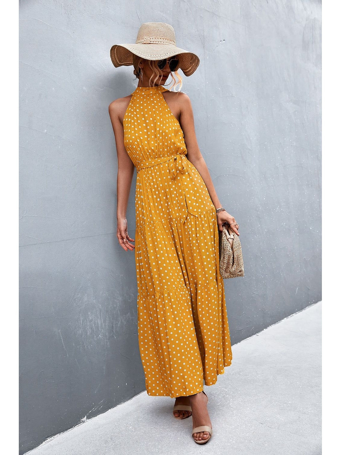 Women Printed Sleeveless Tie Waist Maxi Dress nicholesgifts