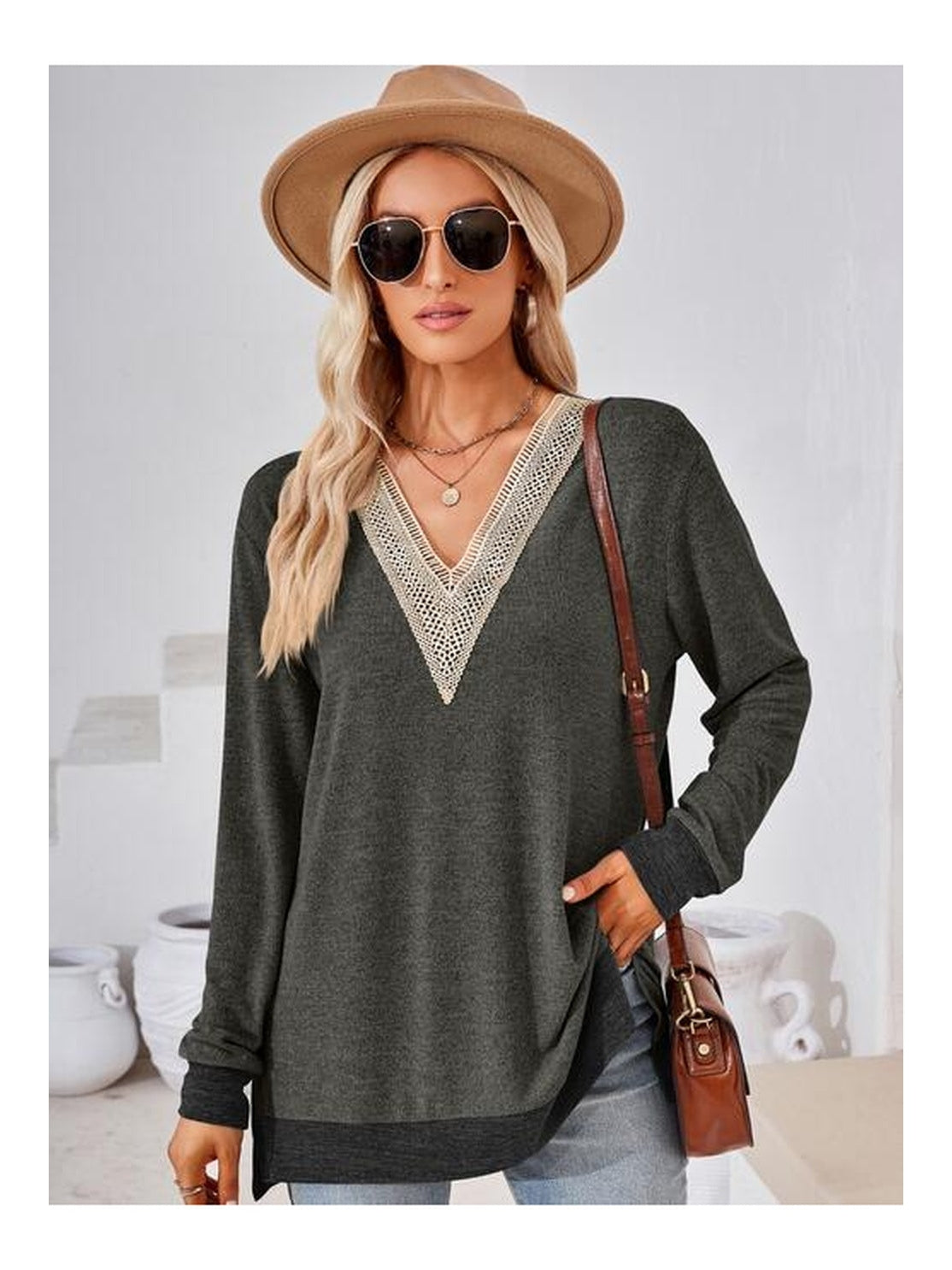 Women Crochet Contrast V-Neck Long Sleeve Slit T-Shirt nicholesgifts