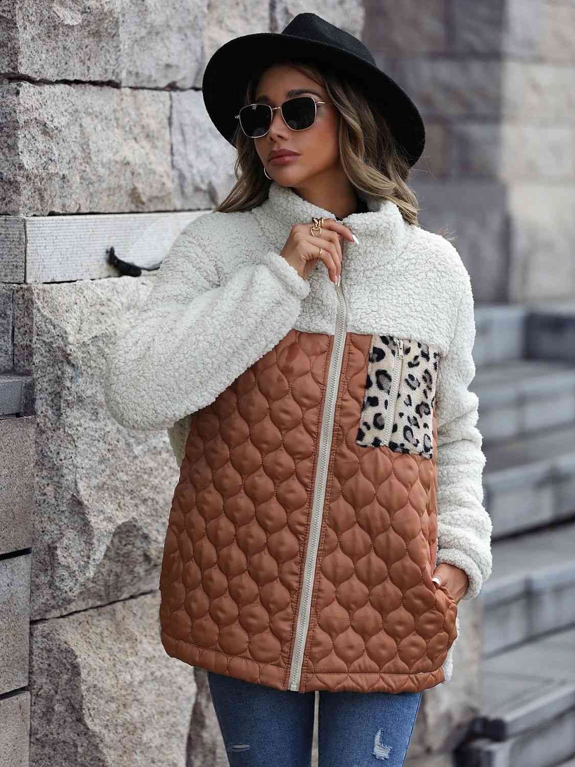 Women Leopard Color Block Zip-Up Jacket nicholesgifts