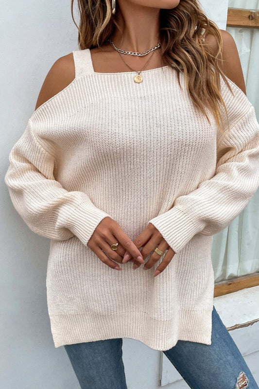 Women Ribbed Cold Shoulder Long Sleeve Knit Top nicholesgifts