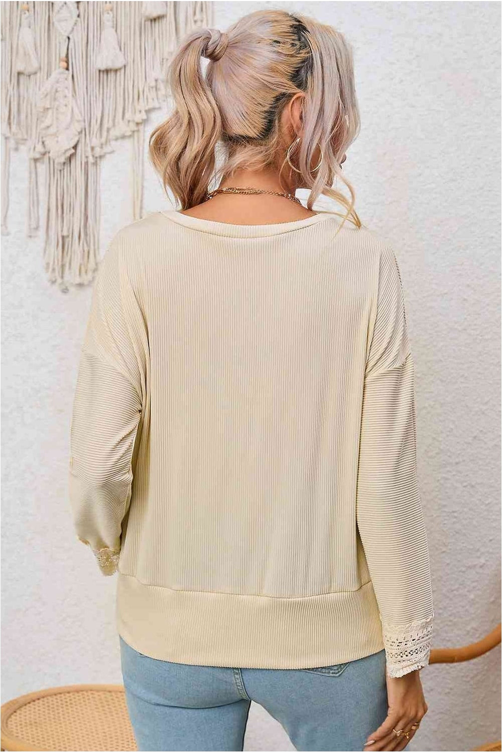 Women Spliced Lace V-Neck Ribbed Top nicholesgifts