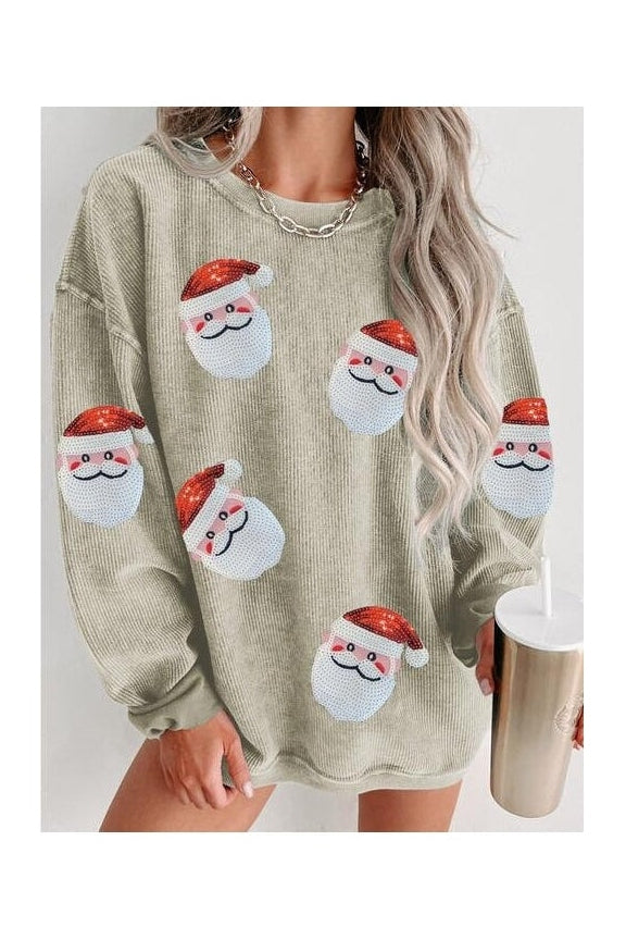 Women Sequin Santa Patch Ribbed Christmas Sweatshirt nicholesgifts