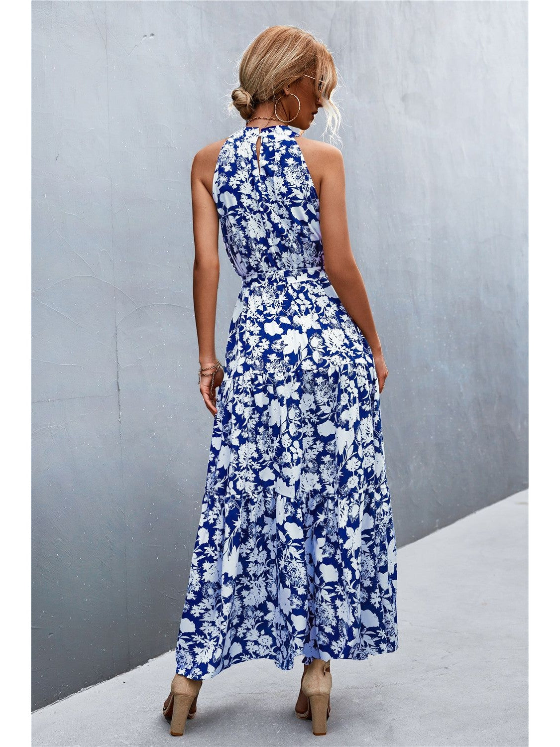 Women Printed Sleeveless Tie Waist Maxi Dress nicholesgifts