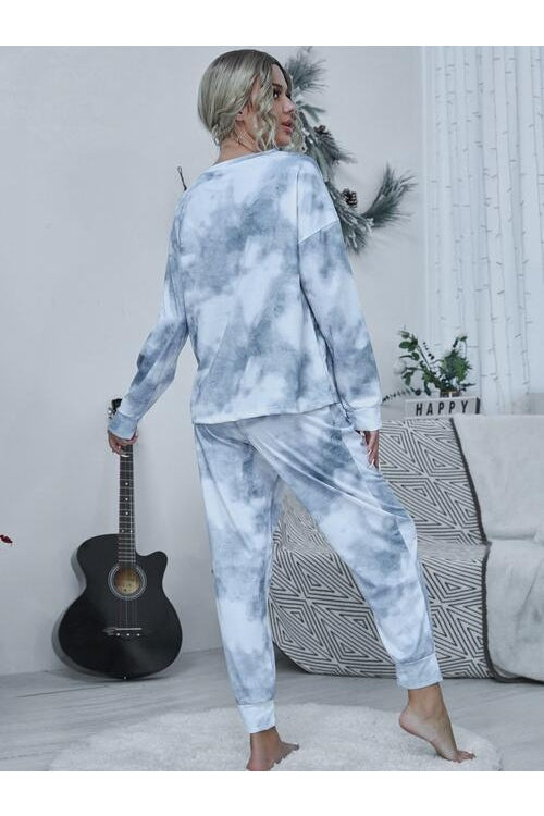 Women Tie-dye Round Neck Top and Drawstring Pants Lounge Set nicholesgifts