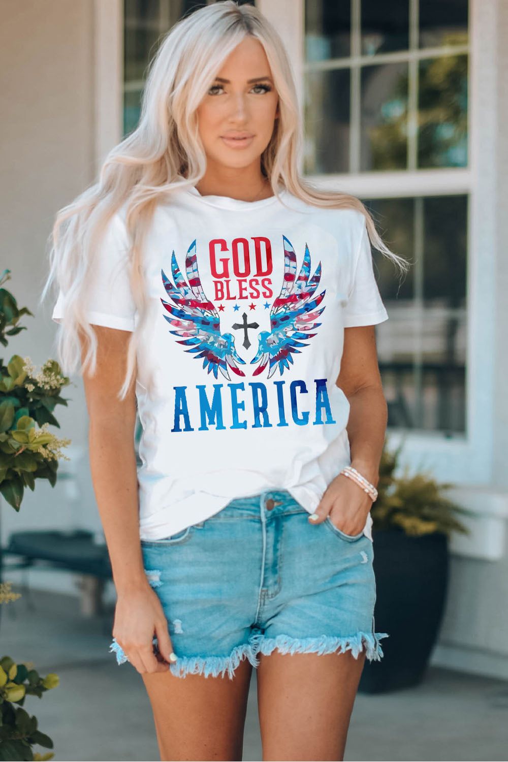 Women GOD BLESS AMERICA Cuffed Tee Shirt nicholesgifts