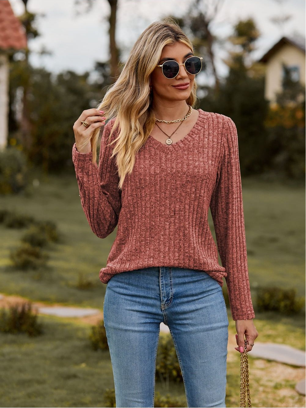 Women Ribbed V-Neck Long Sleeve Tee nicholesgifts